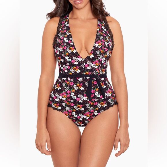 NWOT Skinny Dippers | Black Floral Dora Tie Waist One Piece Swimsuit L - Picture 1 of 9
